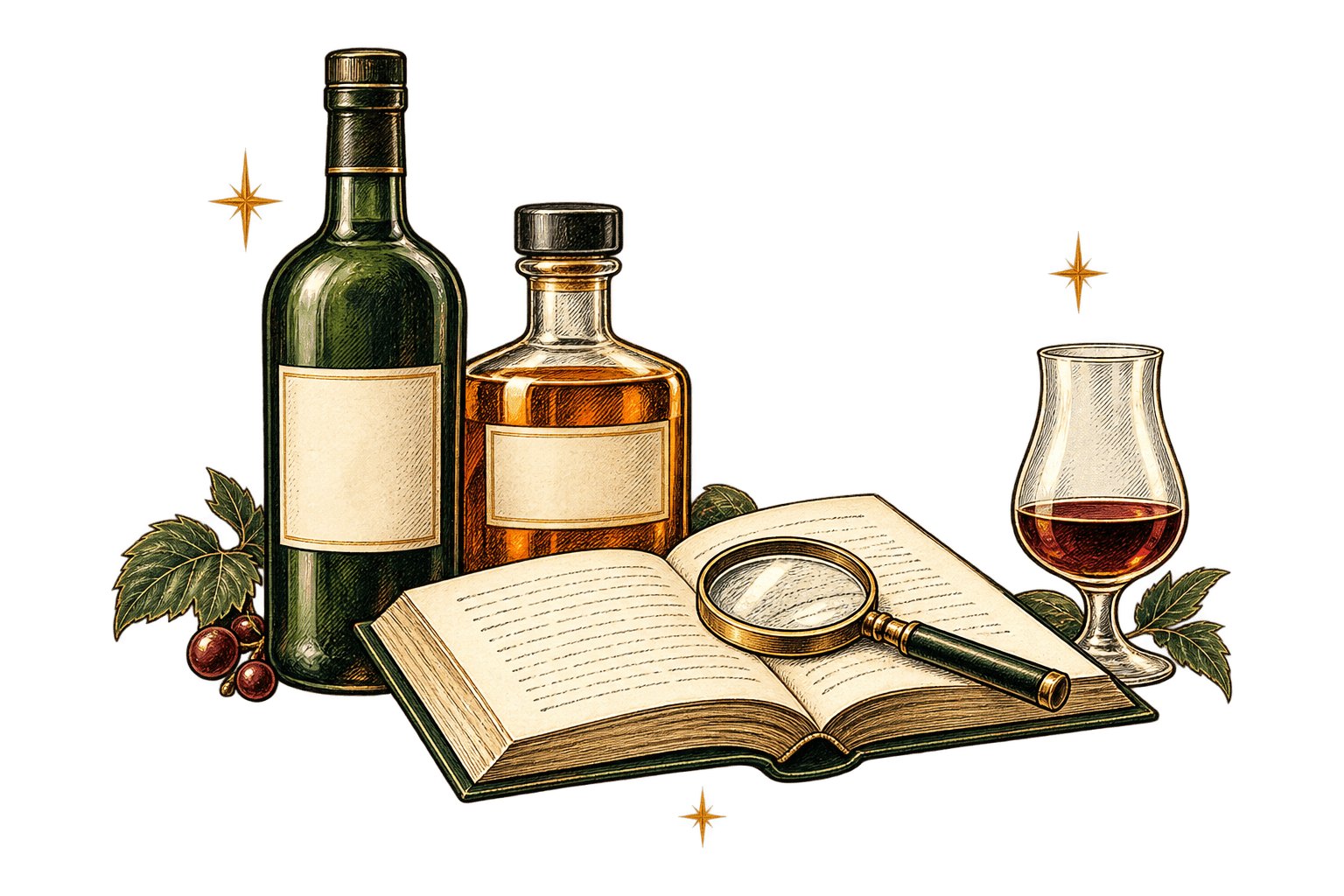 Botellas, un libro abierto y una lupa: conocer antes de elegir.
